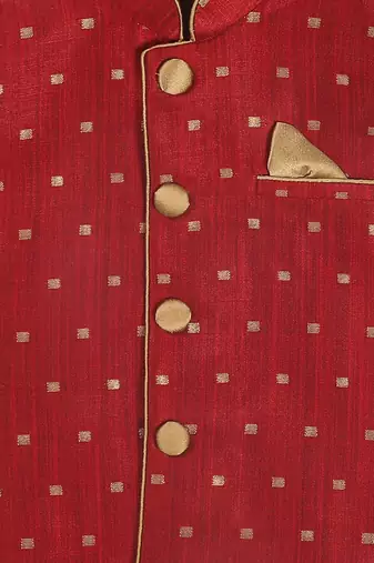  infant  maroon and rose gold silk blend jacket, kurta and dhoti set