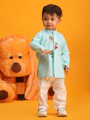 Vastramay infant boys aqua and white cotton blend kurta pyjama set 1
