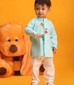 Vastramay infant boys aqua and white cotton blend kurta pyjama set