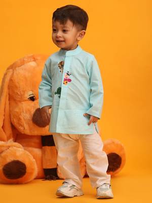 Vastramay infant boys aqua and white cotton blend kurta pyjama set 2