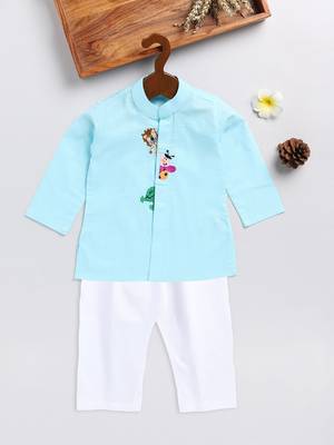 Vastramay infant boys aqua and white cotton blend kurta pyjama set 3