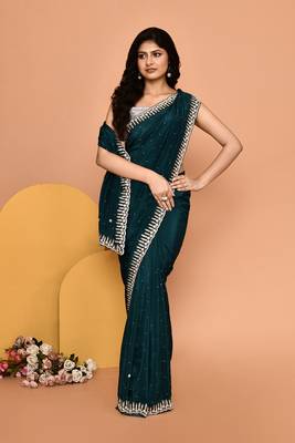 Mesmerizing turquoise color designer handwork saree 4