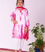 girls' pink and white kurta, leggings & dupatta set