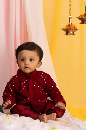  infant boys' maroon mirror work kurta and pyjama