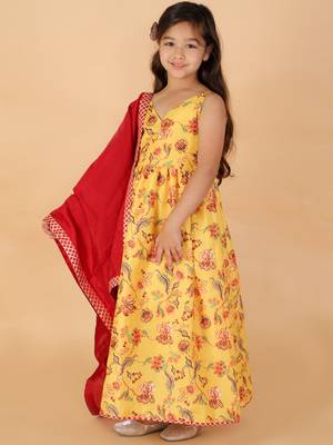  girls' yellow and maroon anarkali and dupatta set 1