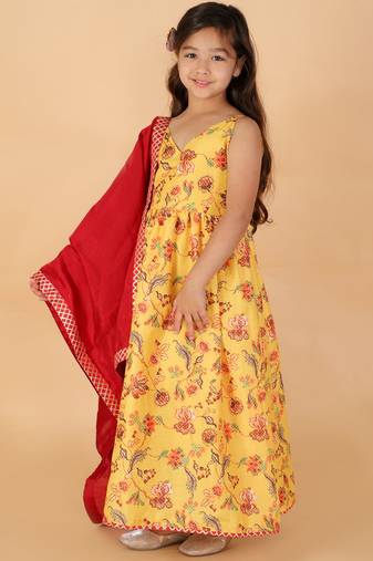  girls' yellow and maroon anarkali and dupatta set