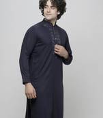 cotton blend floral thread work regular navyblue diwali ethnic kurta for men