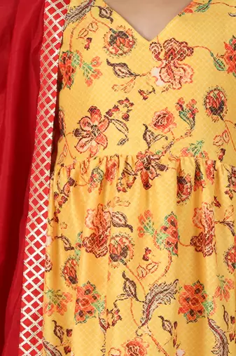  girls' yellow and maroon anarkali and dupatta set