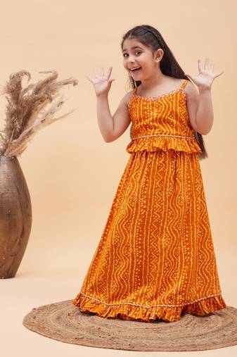  girls' orange bandhani lehenga set