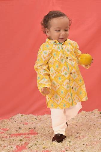  infant boys yellow and white cotton blend kurta pyjama set