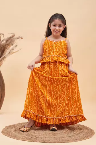  girls' orange bandhani lehenga set