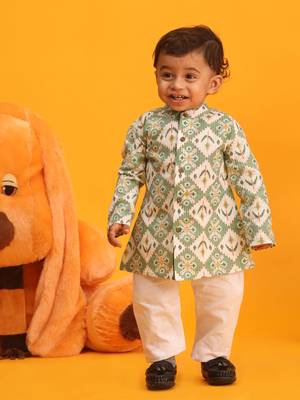  infant  green and white cotton blend kurta pyjama set 1