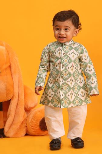  infant boys green and white cotton blend kurta pyjama set