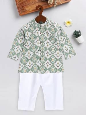  infant  green and white cotton blend kurta pyjama set 2