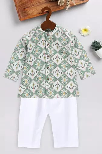  infant  green and white cotton blend kurta pyjama set