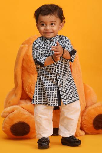  infant boys blue and white cotton blend kurta pyjama set