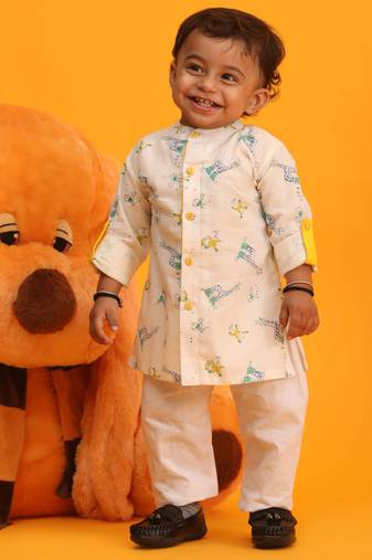  infant boys white and yellow cotton blend kurta pyjama set