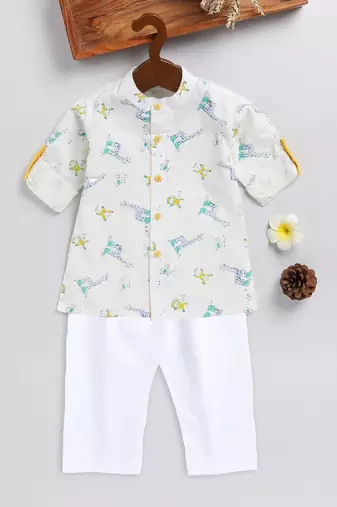  infant  white and yellow cotton blend kurta pyjama set