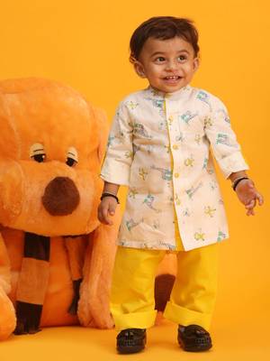 infant boys white and yellow cotton blend kurta pyjama set 1