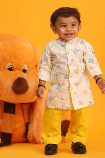 Vastramay infant boys white and yellow cotton blend kurta pyjama set