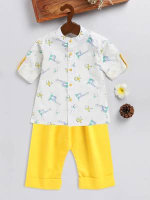 infant boys white and yellow cotton blend kurta pyjama set 2