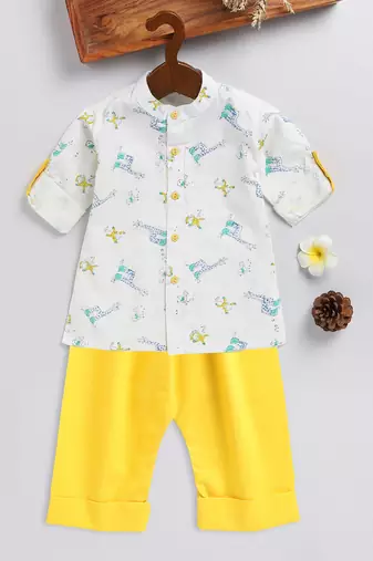 infant boys white and yellow cotton blend kurta pyjama set