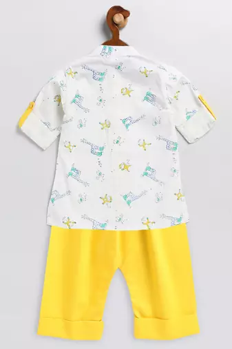 infant boys white and yellow cotton blend kurta pyjama set