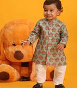 infant boys green and pink cotton blend kurta pyjama set