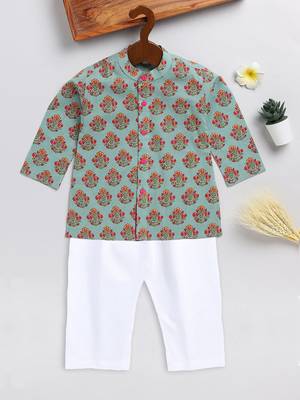 infant boys green and pink cotton blend kurta pyjama set 2