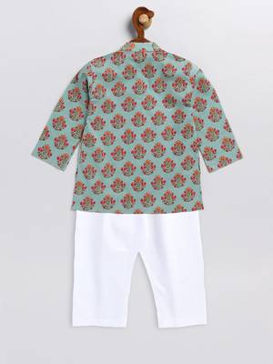 infant boys green and pink cotton blend kurta pyjama set 3