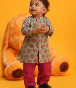 infant boys green and pink cotton blend kurta pyjama set