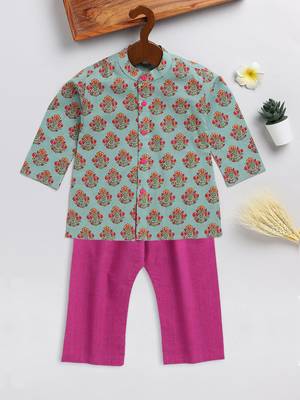 infant boys green and pink cotton blend kurta pyjama set 2