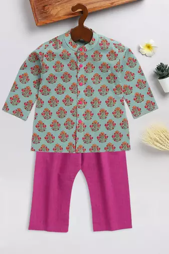 infant boys green and pink cotton blend kurta pyjama set