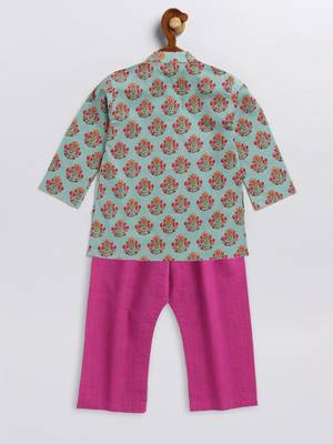 infant boys green and pink cotton blend kurta pyjama set 3