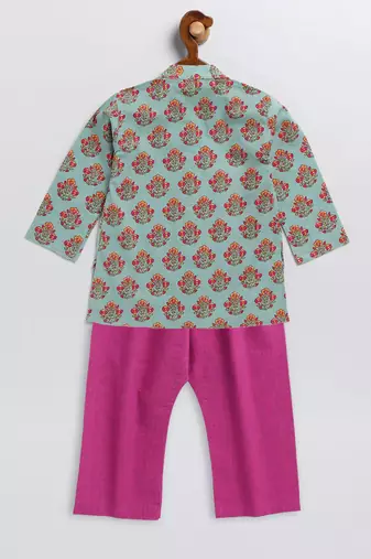 infant boys green and pink cotton blend kurta pyjama set