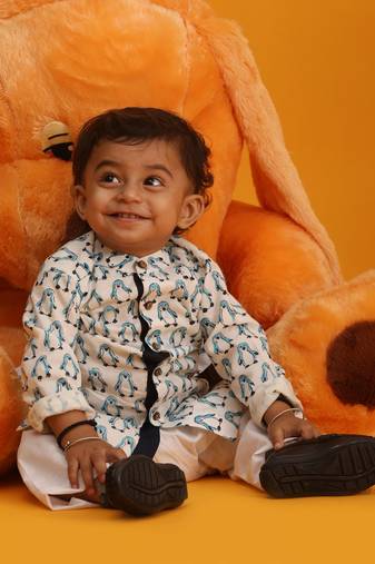  infant boys white and blue cotton blend kurta pyjama set
