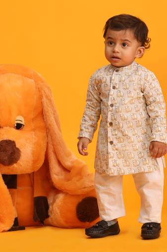 Vastramay infant boys beige and white cotton blend kurta pyjama set