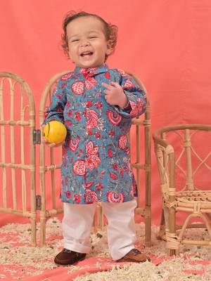  infant  blue and white cotton blend kurta pyjama set 1