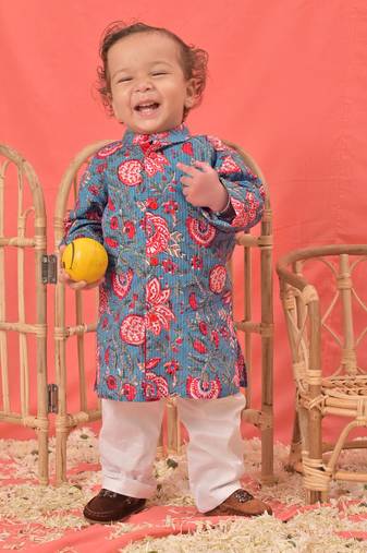  infant boys blue and white cotton blend kurta pyjama set