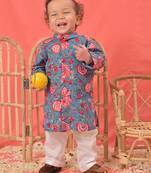  infant  blue and white cotton blend kurta pyjama set