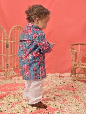  infant  blue and white cotton blend kurta pyjama set 2