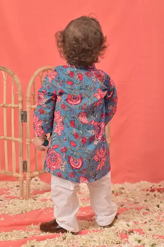  infant  blue and white cotton blend kurta pyjama set