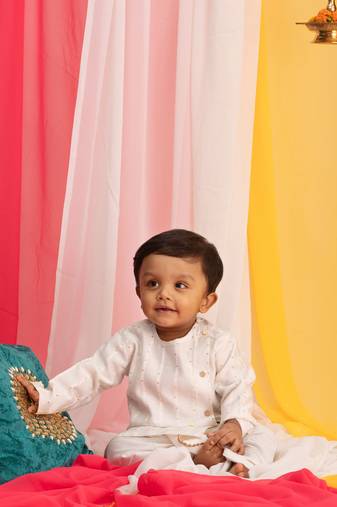  infant boys white and gold viscose blend kurta and dhoti set