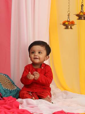 infant  red and gold viscose blend kurta and dhoti set 1