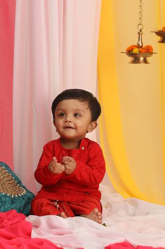 Vastramay infant boys red and gold viscose blend kurta and dhoti set