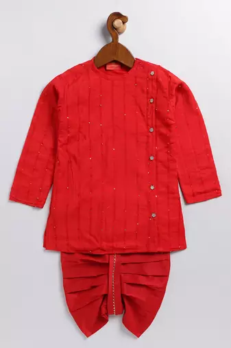 infant  red and gold viscose blend kurta and dhoti set