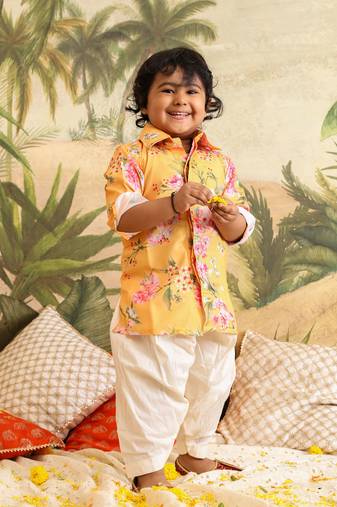 infant boys multicolor base yellow muslin kurta patiala set