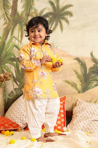  infant boys multicolor base yellow muslin kurta patiala set