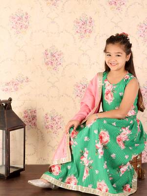  girls' green and pink sequins floral lehenga and dupatta set 1