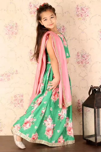  girls' green and pink sequins floral lehenga and dupatta set